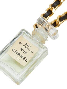 Chanel Perfume Bottle Chain Pendant Necklace Gold Black Leather Plated Glass